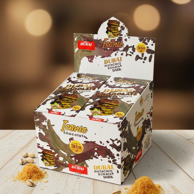 Dubai Pistachio Kunafa & Dark Chocolate Box by Iconic Chocolate | Pack of 12 - 200g Bars Main Image