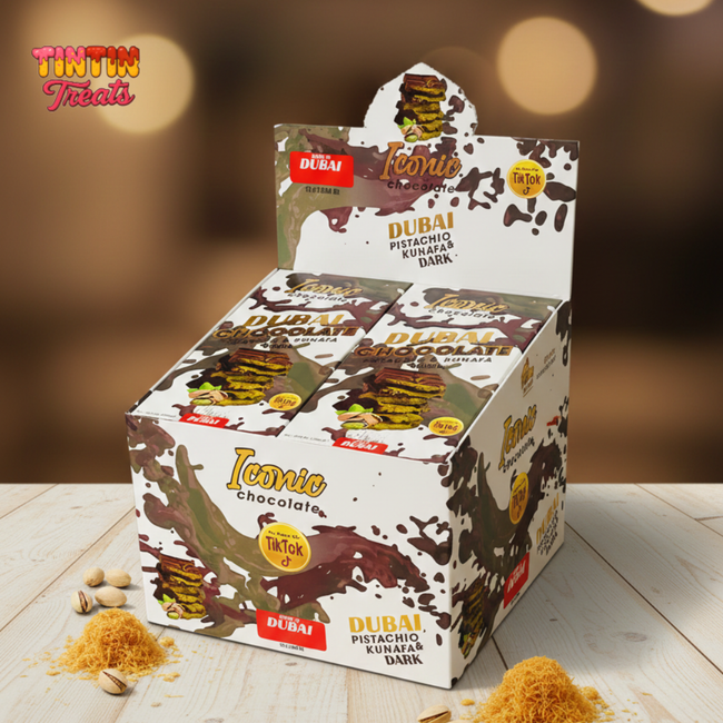Dubai Pistachio Kunafa & Dark Chocolate Box by Iconic Chocolate | Pack of 12 - 200g Bars Hover Image