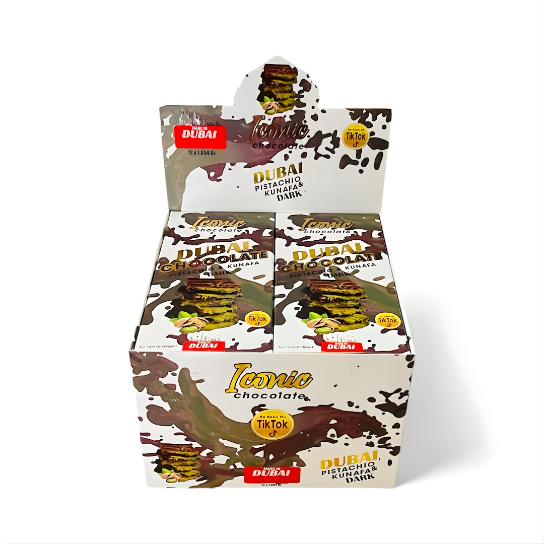 Dubai Pistachio Kunafa & Dark Chocolate Box by Iconic Chocolate | Pack of 12 - 200g Bars