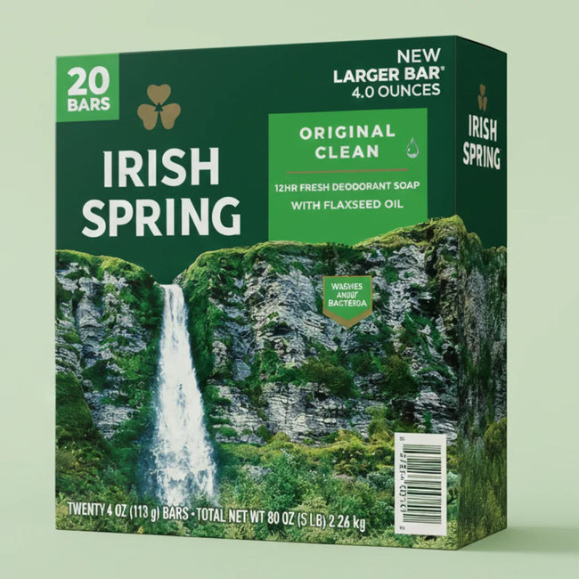Irish Spring Bar Soap Original Clean with Flaxseed Oil | 4 oz Bars – 20 Pack Hover Image