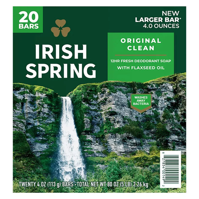 Irish Spring Bar Soap Original Clean with Flaxseed Oil | 4 oz Bars – 20 Pack Main Image