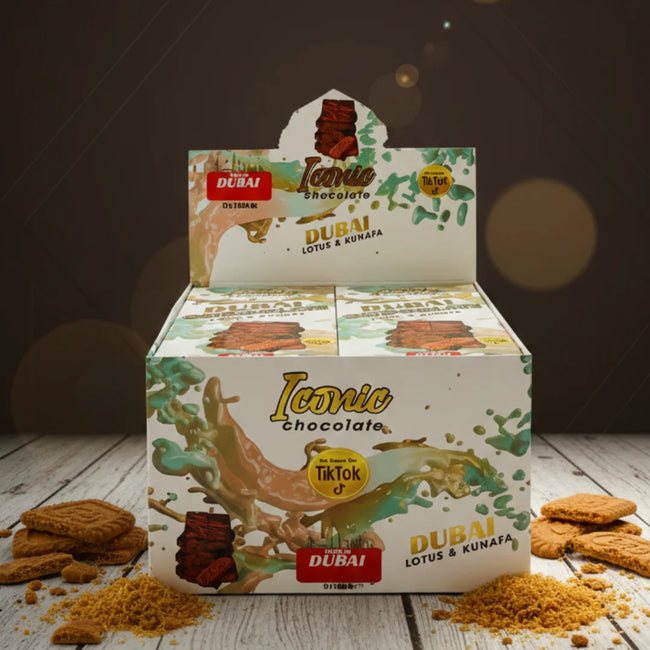 Lotus & Kunafa Chocolate Box by Iconic Chocolate | Pack of 12 - 200g Bars Hover Image