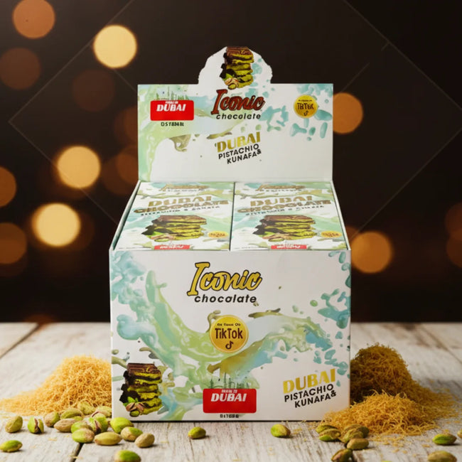 Pistachio & Kunafa Chocolate Box by Iconic Chocolate | Pack of 12 – 200g Bars Hover Image